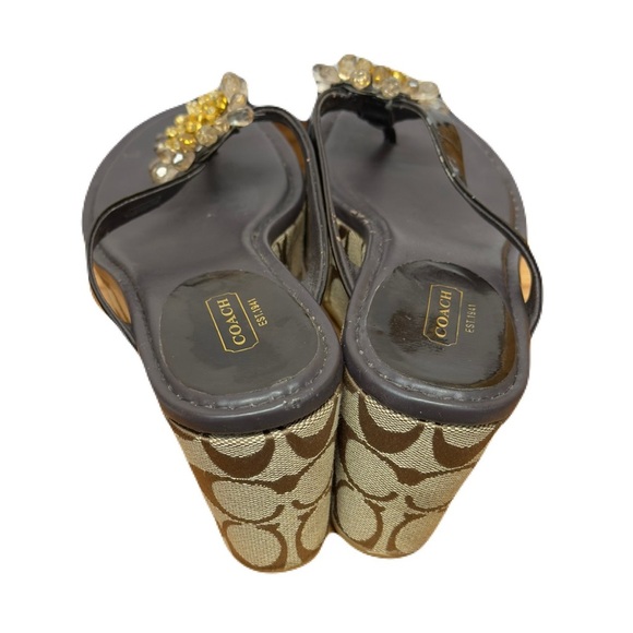 Coach Gold and Brown Sandals with Decorative Medallion - Picture 3 of 5